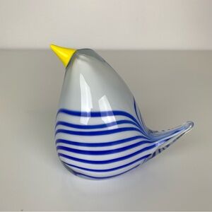 Bird Paperweight Striped White Blue Art Glass Leonardo Germany Animal Nautical